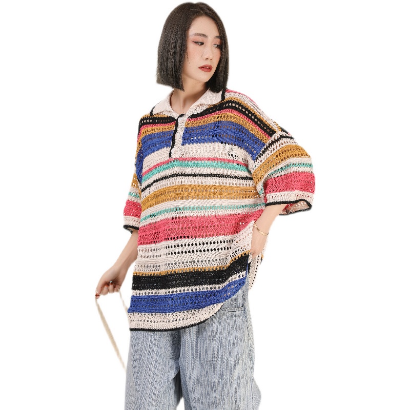 Áo Thun polo Dệt Kim Dáng Rộng Họa Tiết Kẻ Sọc Cầu Vồng Phong Cách Retro Dành Cho Cặp Đôi
