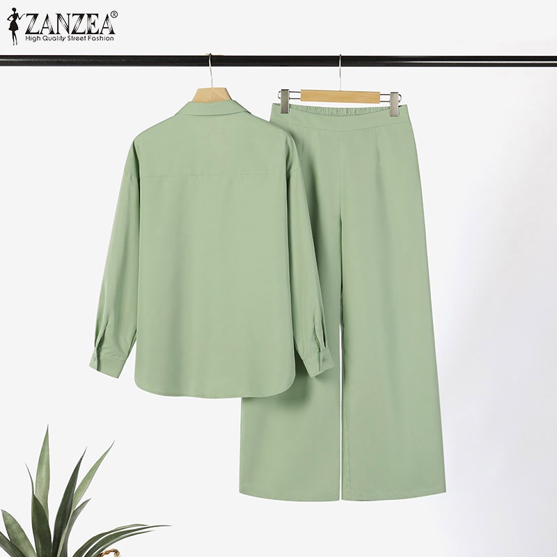 Bộ đồ ZANZEA gồm áo trễ vai tay dài phối quần dài lưng thun kiểu châu Âu thời trang cho nữ