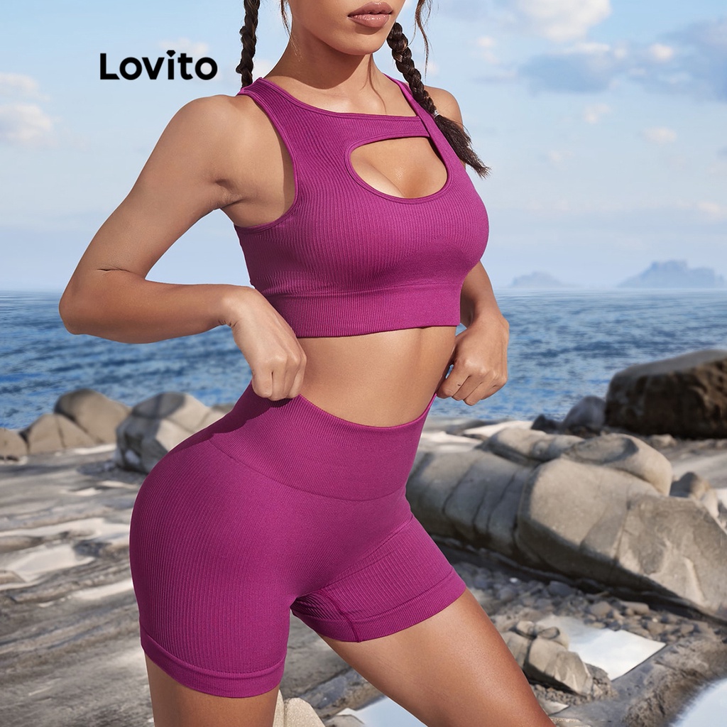 Lovito Bộ đồ thể thao eo cao tập yoga trơn đơn giản giảm béo dành cho nữ L48AD047 (Hoa vân anh)