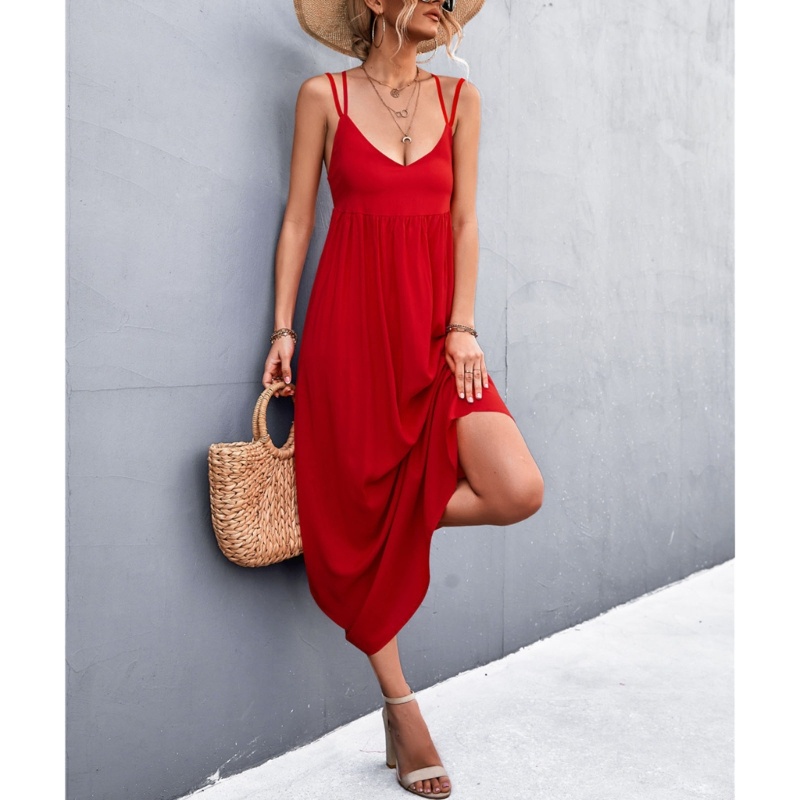 Đầm Dài Dáng Chữ A Hai Dây Cổ Chữ V Hở Lưng Xếp Ly Màu Trơn Thời Trang Đi Biển