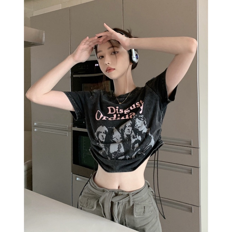 Áo Thun Tay Ngắn Phối Dây Rút In Họa Tiết Phong Cách Cổ Điển Thời Trang Mùa Hè Xinh Xắn Cho Nữ