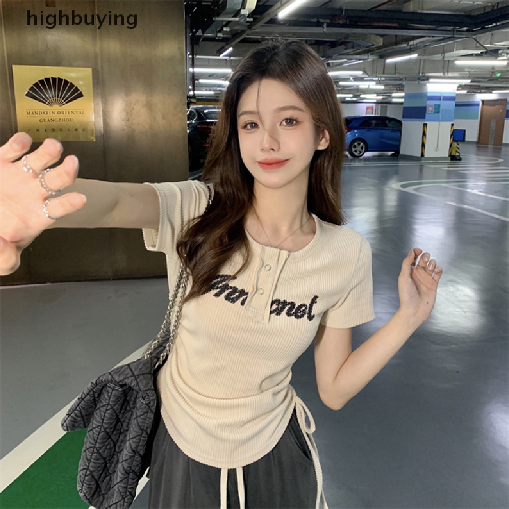 Áo Thun Ngắn Tay Cổ Tròn Dây Rút Thời Trang Nữ