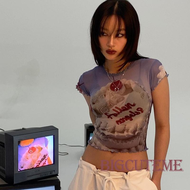 [] Áo Thun Lưới Tay Ngắn In Chữ Lettuce Trim Thời Trang Mùa Hè Dành Cho Nữ Đi Tiệc Đường Phố