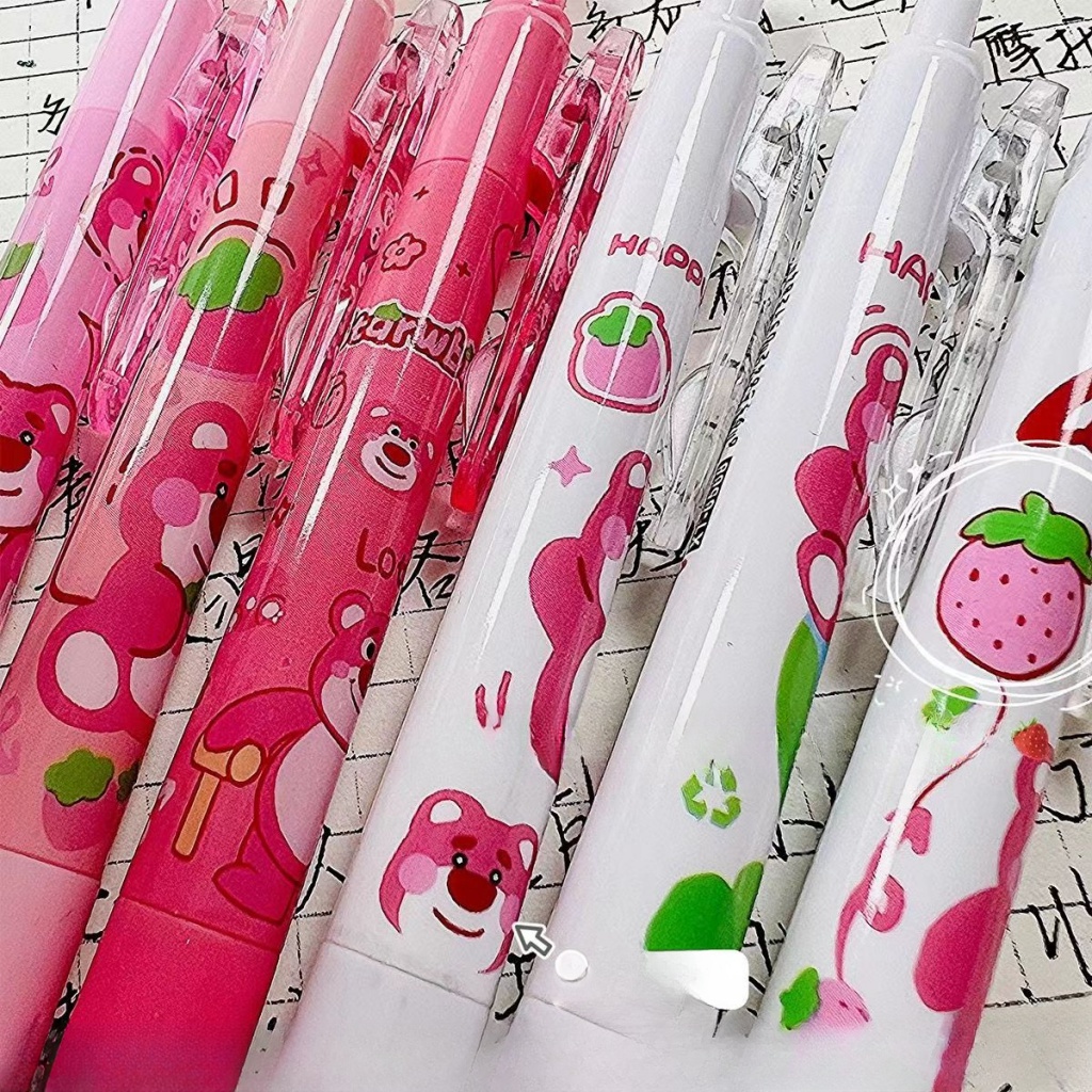 Bộ 6 Bút Mực Gel Ngòi 0.5Mm Màu Đen In Hình Gấu / Dâu Tây Kiểu Công Nghệ Cao Nhanh Khô
