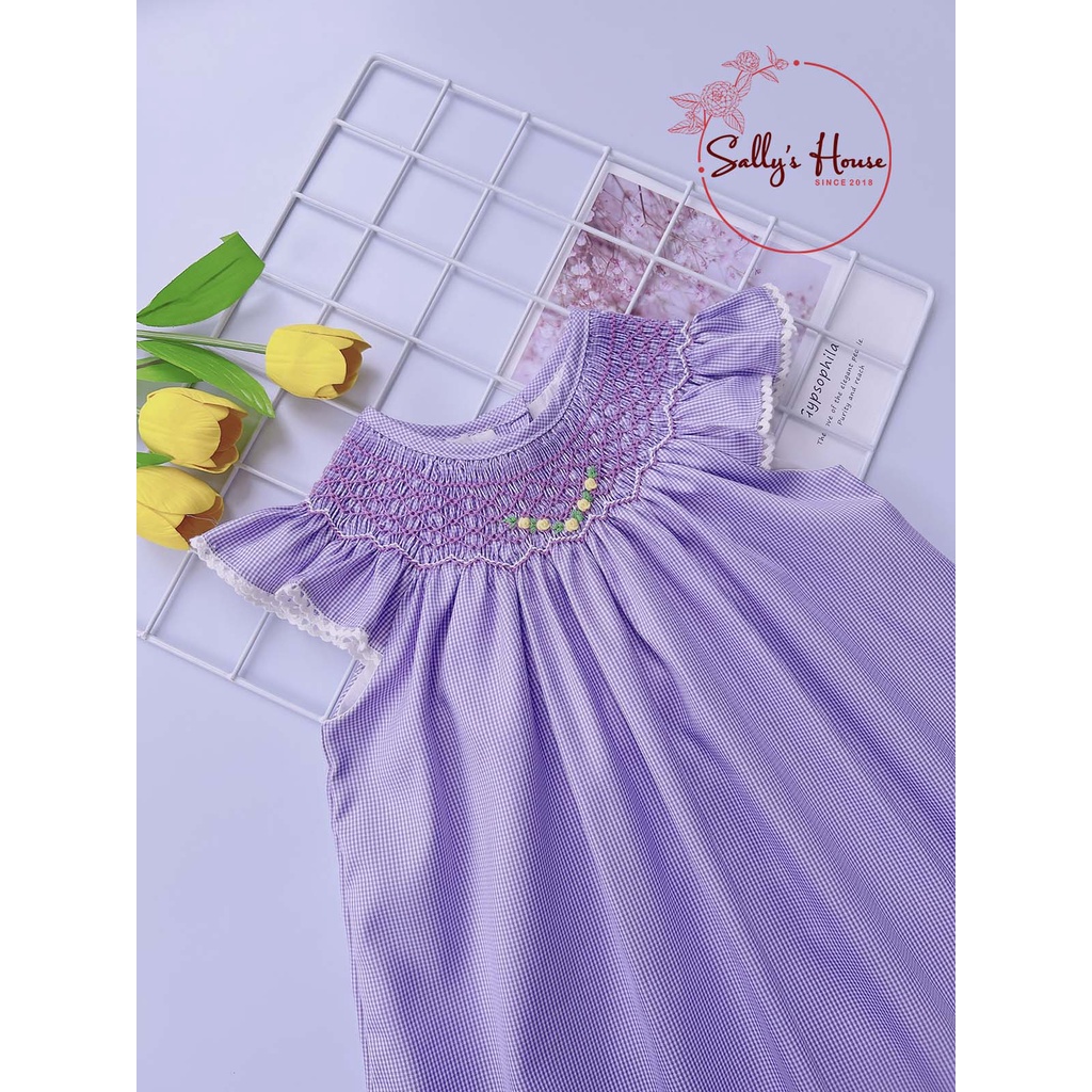 Đầm xích móc tím cho bé gái, vải cotton lụa mềm ít nhăn. đầm bé gái hai lớp