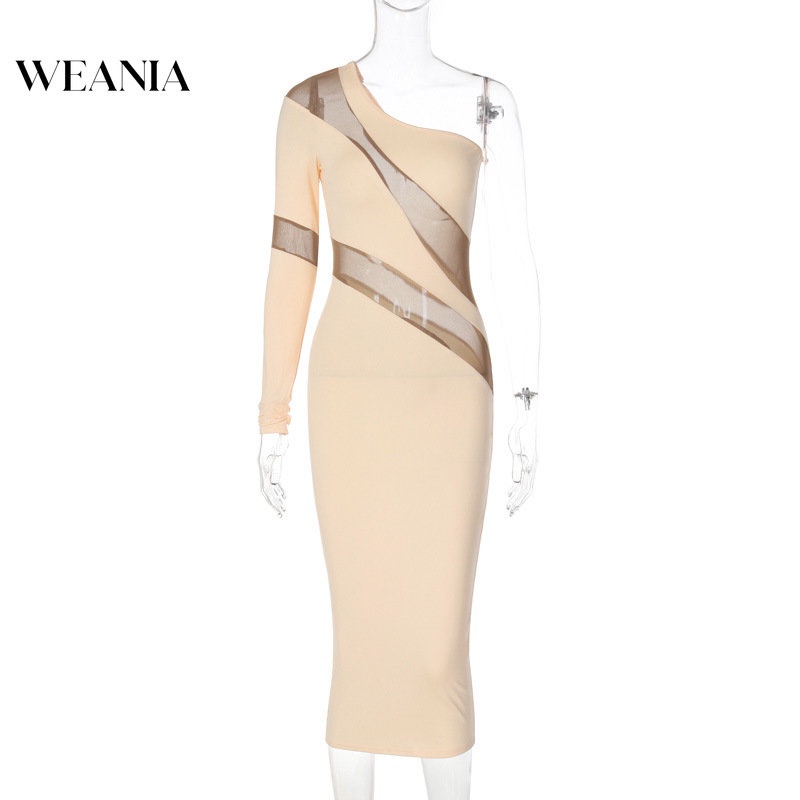 Đầm Midi Phối Lưới Một Bên Vai Cho Nữ