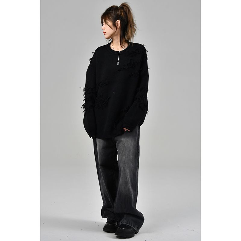 Quần Jean Dài Dáng Rộng Thẳng Màu Đen Thiết Kế Vết Nứt Retro Mỹ Thời Trang Cho Nam