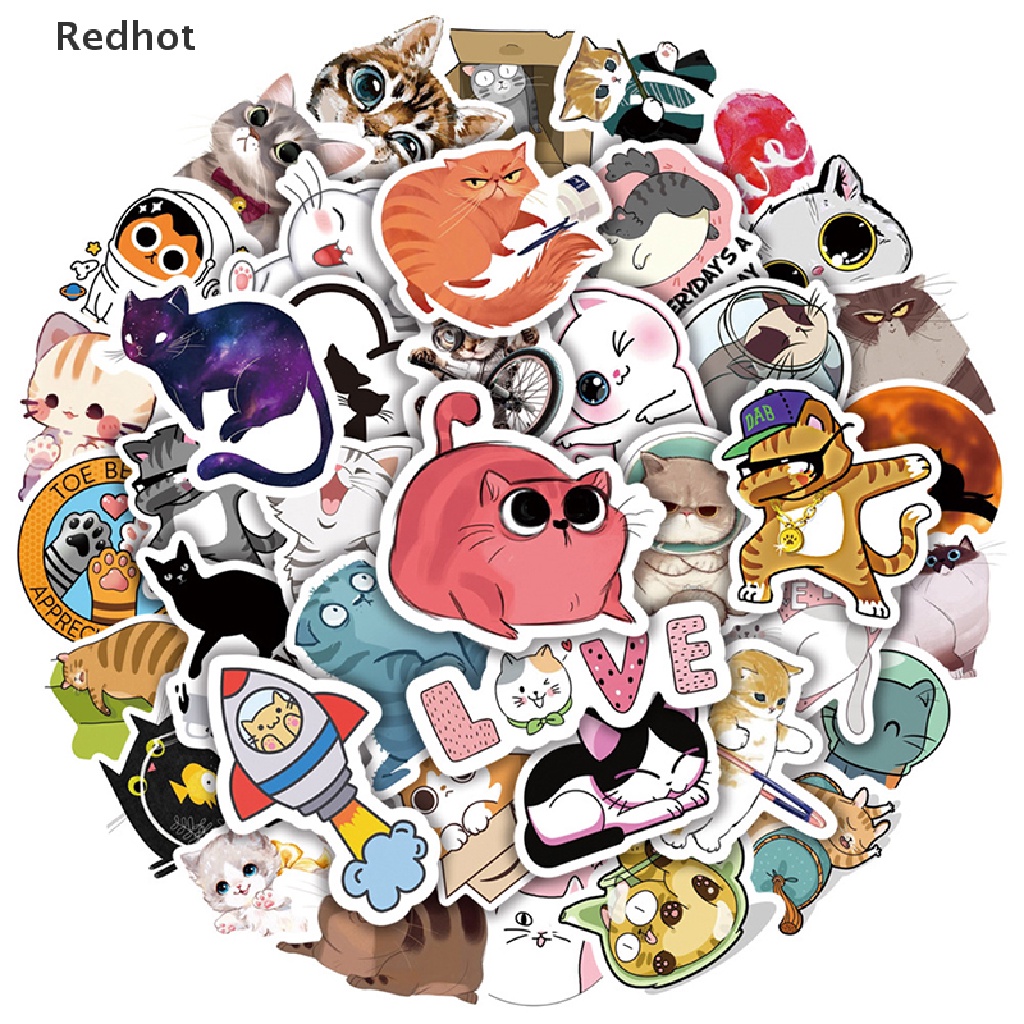 Bộ 50 Miếng Dán Trang Trí Tủ Lạnh / Giày Trượt Patin Hình Mèo Hoạt Hình Dễ Thương Chống Thấm Nước