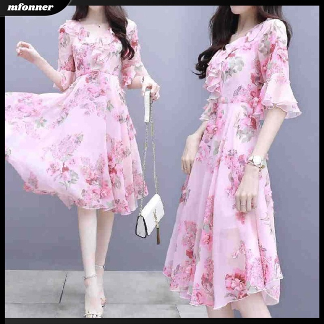 Đầm Tay Loe Cổ Chữ V Lưng Cao In Họa Tiết Phong Cách Hàn Quốc Thời Trang Cho Nữ