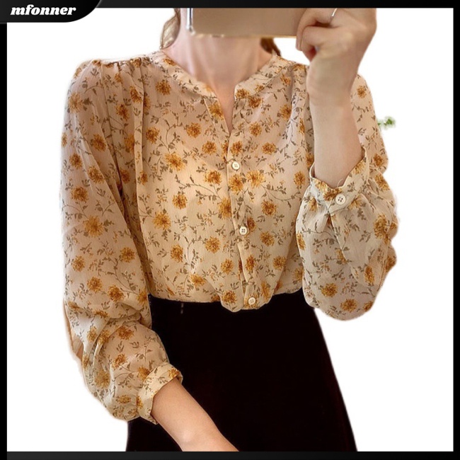 Áo Sơ Mi Voan Hoa Dài Tay Cổ V Thời Trang Nữ Tính