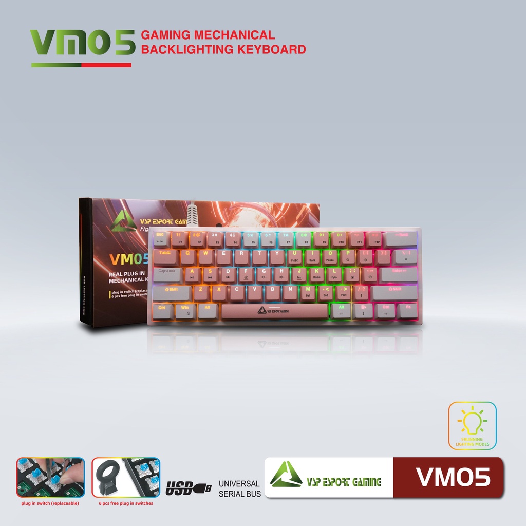 Bàn phím Cơ Gaming Mini VSP Esport VM05 Màu Hồng- 9 chế độ Led, 61 Keys - Hãng phân phối