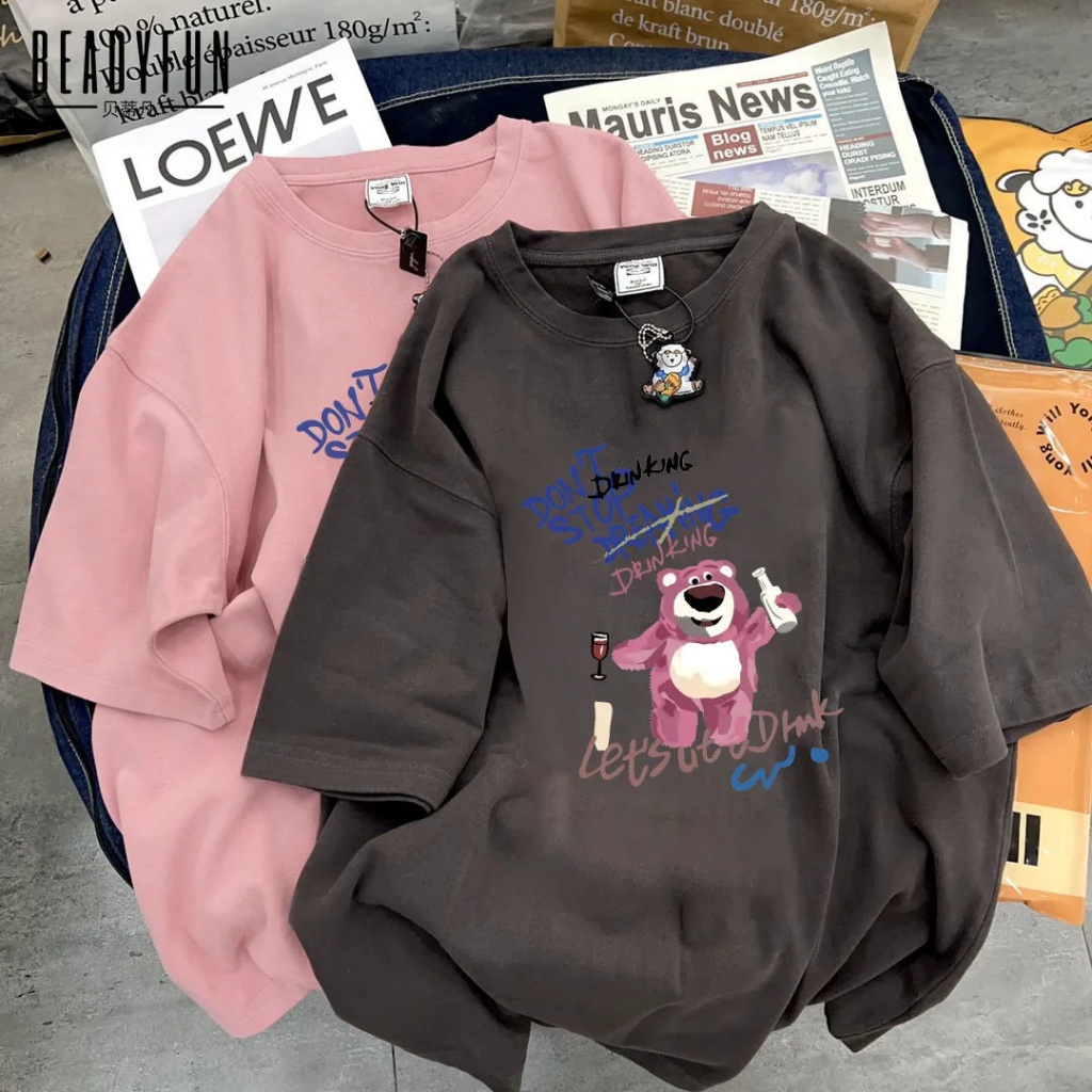 Áo Thun 100% Cotton Tay Ngắn In Hình Gấu Và Dâu Tây Phong Cách Harajuku Thời Trang Mùa Hè Hàng Mới Dành Cho Học Sinh Nam Và Nữ