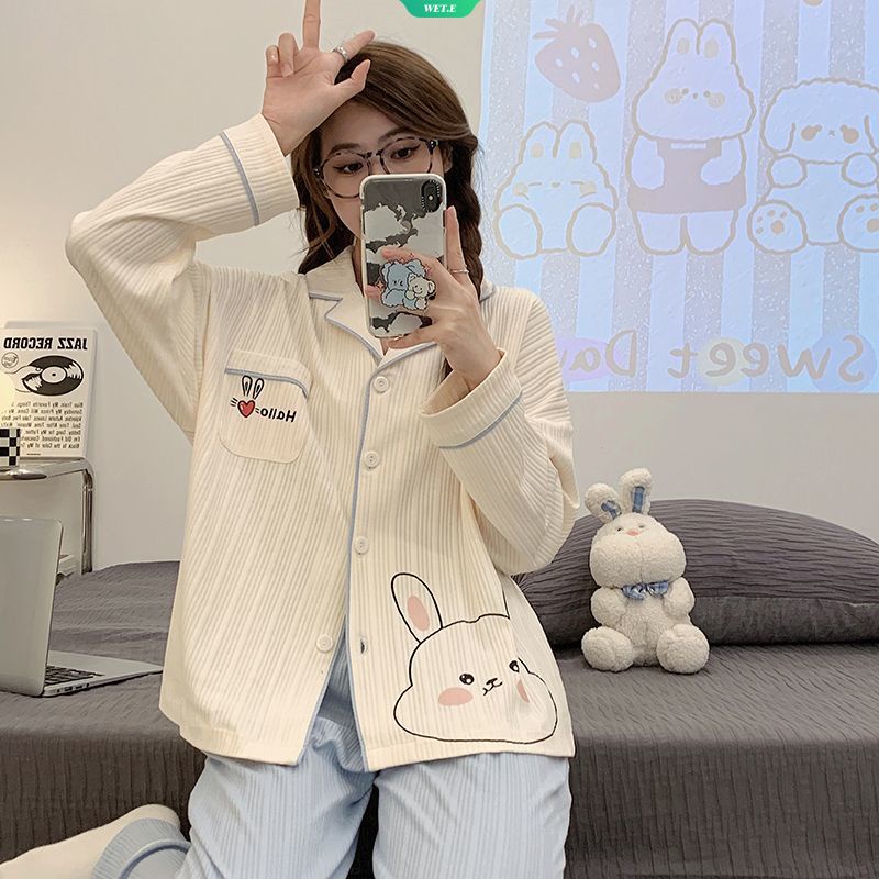 Bộ Đồ Ngủ Tay Dài In Hình Thỏ Dễ Thương Thời Trang Xuân Thu 2023