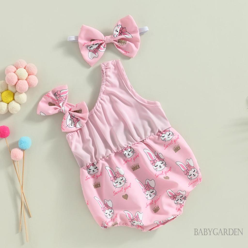 Bộ Áo Liền Quần Sát Nách In Họa Tiết Thỏ / Bướm / Hoa Kèm Băng Đô Xinh Xắn Cho Bé Gái 0-18 Tháng Tuổi