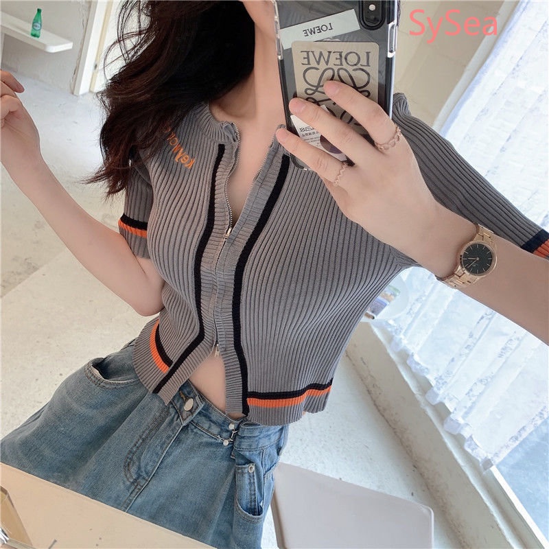 Áo Croptop Dệt Kim Phối Khóa Kéo Phong Cách Hàn Quốc Cho Nữ