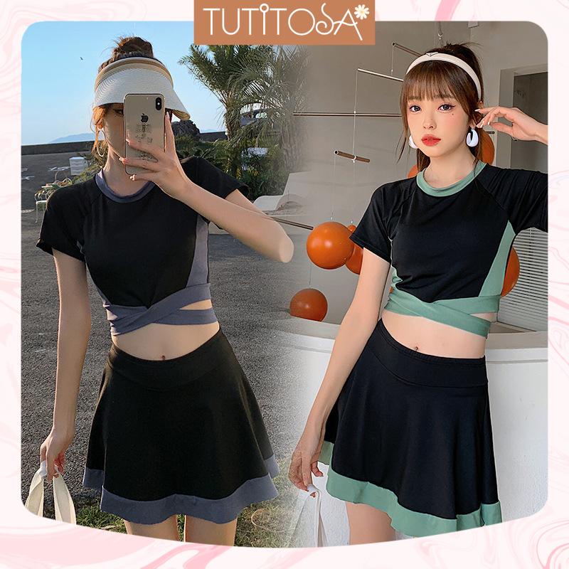 Bộ đồ bơi nữ bikini đi biển croptop cộc tay dáng váy kín đáo tôn dáng