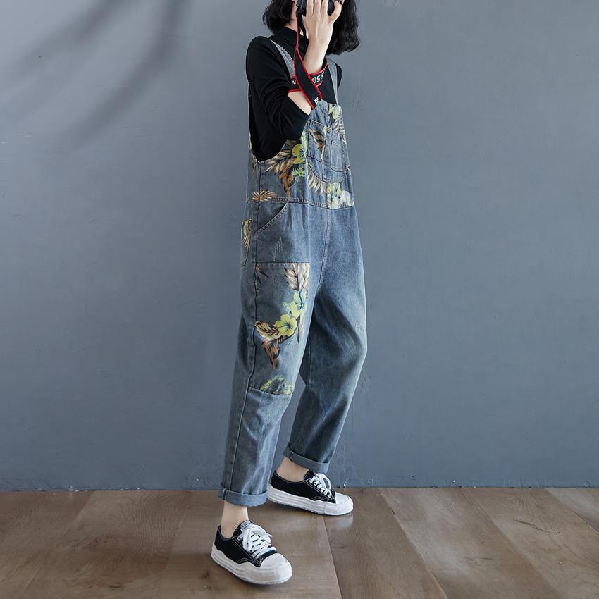 * * Qu n Y m Áo Liền Quần Denim Dáng Rộng Eo Cao In Họa Tiết Thời Trang Xuân Thu 2021 Kích Thước Lớn Cho Nữ