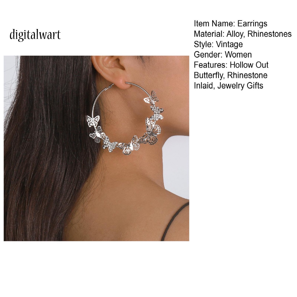 Kỹ Thuật Số| 1 Đôi Bông Tai Tròn Rỗng Mặt Bướm 3D Đính Đá Sáng Bóng Phong Cách Vintage Thích Hợp Làm Quà Tặng Cho Bạn Gái