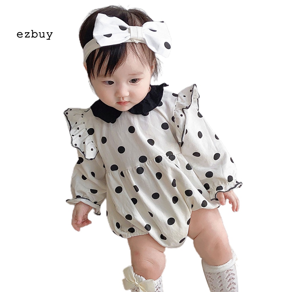 Set 2 Món Áo Liền Quần Bằng Cotton Thân Thiện Với Da In Họa Tiết Chấm Bi + Băng Đô Cài Tóc Cho Bé Gái