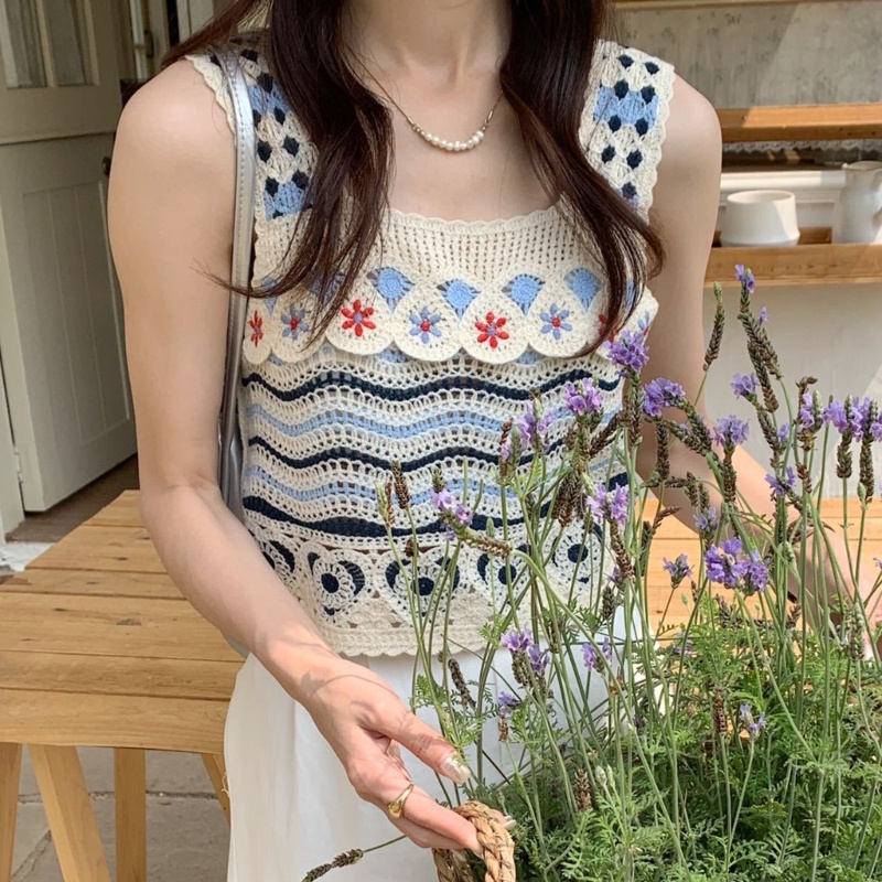 Áo Croptop Dệt Kim Sát Nách Cổ Vuông Họa Tiết Kẻ Sọc Thời Trang Cho Nữ