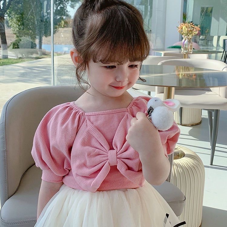 Áo Thun Tay Ngắn Phồng Đính Nơ To Phong Cách Hàn Quốc Thời Trang Cho Bé Gái 1-7 Tuổi