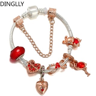 Vòng tay hạt charm hình chim hồng hạc / trái tim màu vàng hồng / bạc dành cho nữ