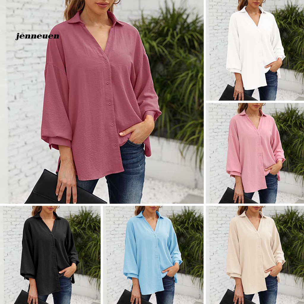 Áo Sơ Mi Chiffon Tay Phồng Cổ Bẻ Siêu Mềm Thoáng Khí Phối Một Hàng Nút Size S Đến XL 3 / 4 Thời Trang Công Sở Cho Nữ