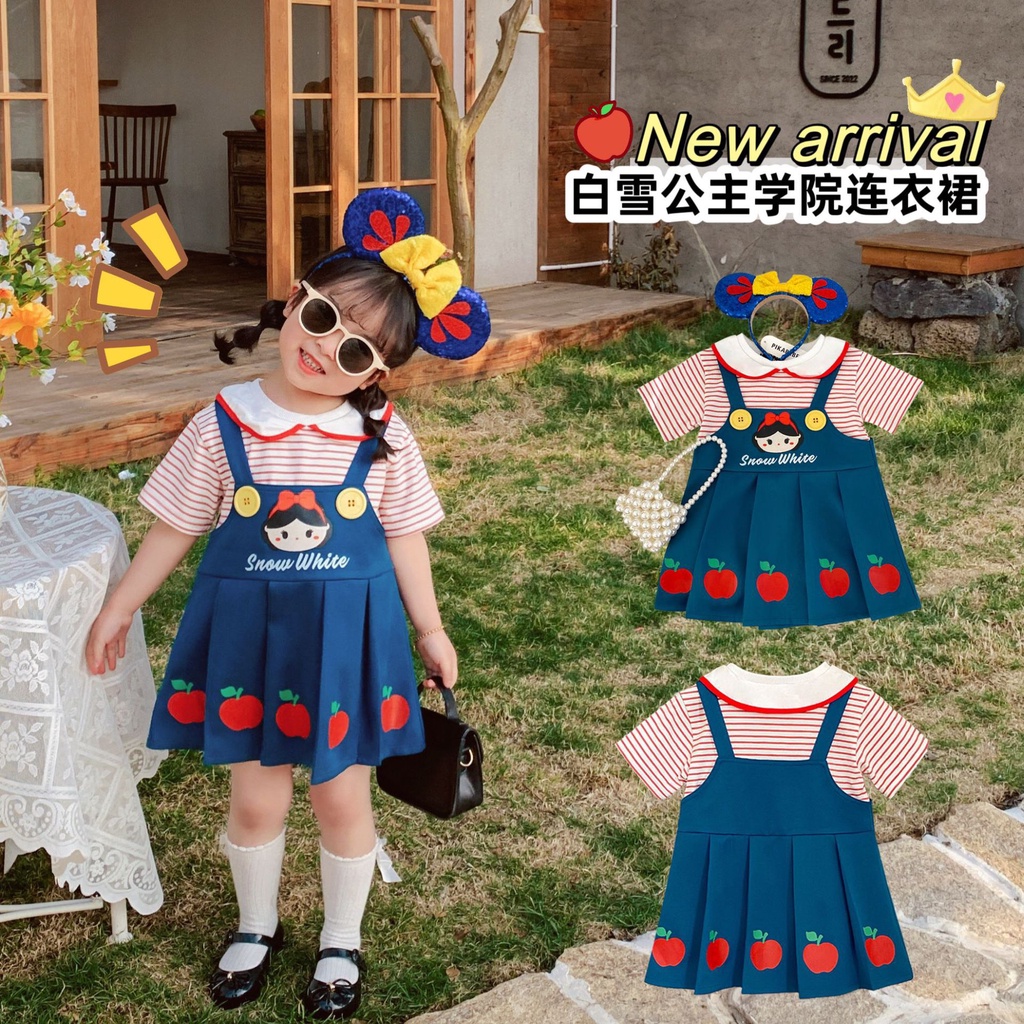 Bộ liền váy giả bò cho bé gái hàng Quảng Châu áo phông kẻ đỏ họa tiết quả táo đáng yêu.