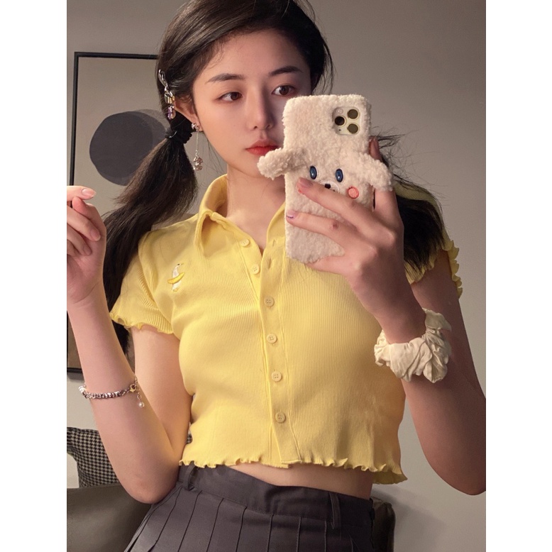 Áo Thun Polo Dệt Kim Tay Ngắn Dáng Rộng Thêu Họa Tiết Xinh Xắn Thời Trang Mùa Hè Phong Cách Hàn Quốc Cho Nữ