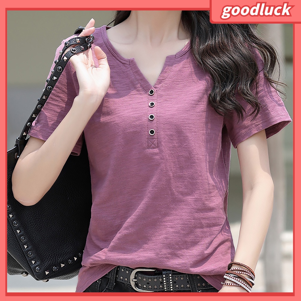 Áo Thun Cotton Tay Ngắn Cổ Tròn Màu Trơn Cài Nút Đơn Giản Dành Cho Nữ