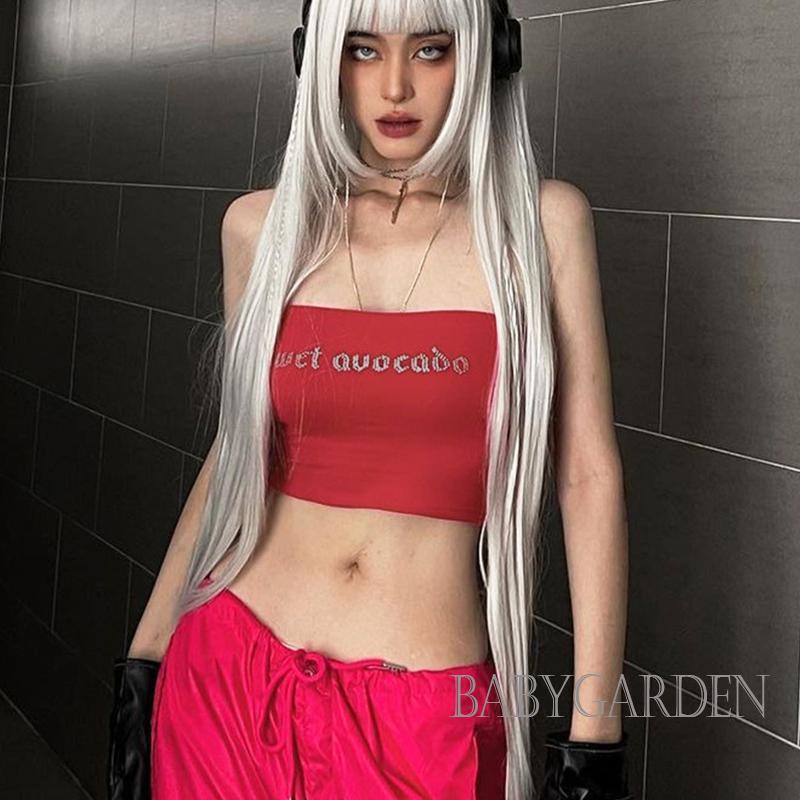 Áo Croptop Trễ Vai Không Dây Co Giãn In Chữ Đính Đá Thời Trang Mùa Hè Cho Nữ