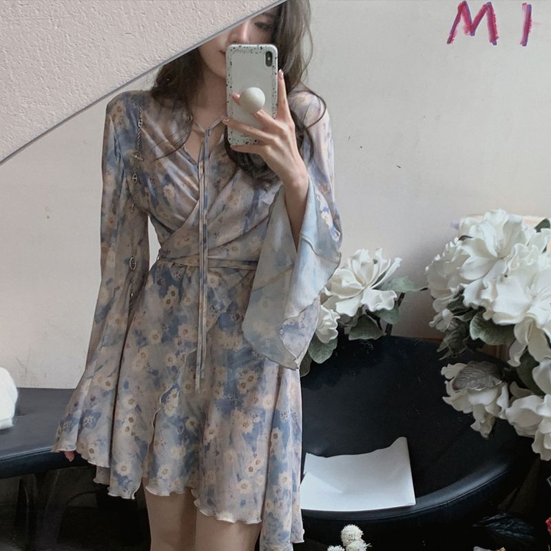 Mùa Xuân tháng Hai Đầm Tay Loe Buộc Dây Họa Tiết Hoa Phong Cách Phương Tây Cá Tính Siêu Thơ Mộng ~ Jiangnan JKGB