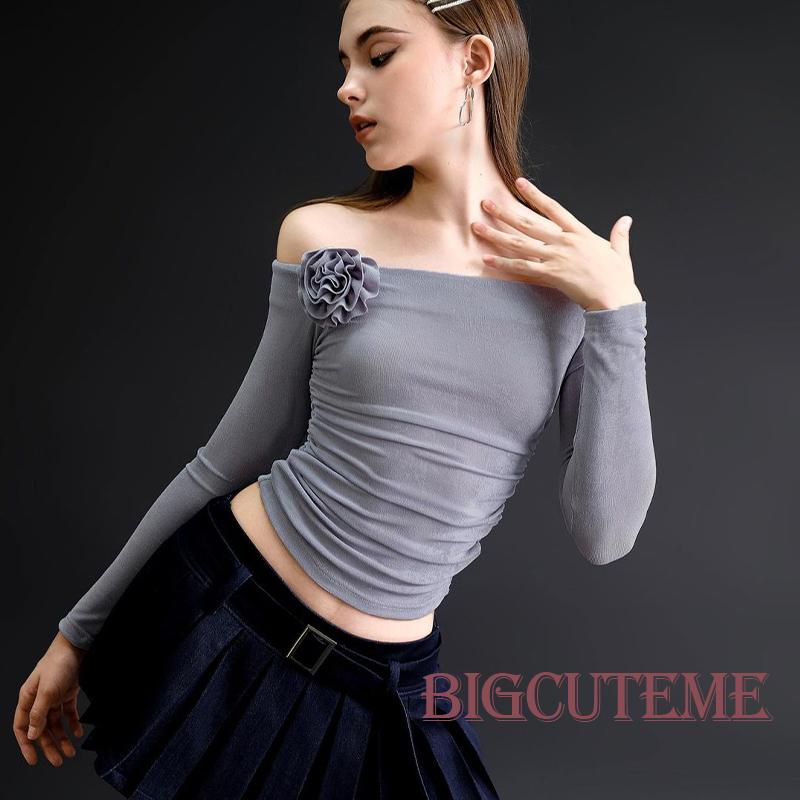 Áo Sơ Mi Tay Dài Trễ Vai Màu Trơn In Họa Tiết Hoa Thời Trang Xuân Hè Xinh Xắn Cho Nữ