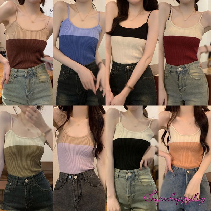Áo Tank Top Dệt Kim Sát Nách Màu Tương Phản Thời Trang Mùa Hè Cho Nữ