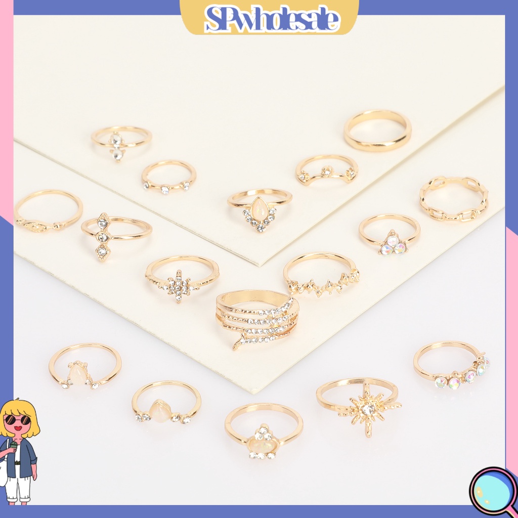 <SPwholesale> Bộ 17 Nhẫn Đính Đá Nhân Tạo Phong Cách Bohemian Thời Trang
