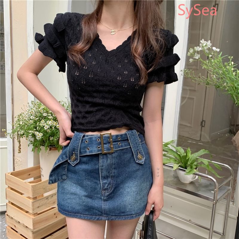 Áo Dệt Kim Ngắn Tay Cổ Chữ V Thời Trang Mùa Hè Cho Nữ