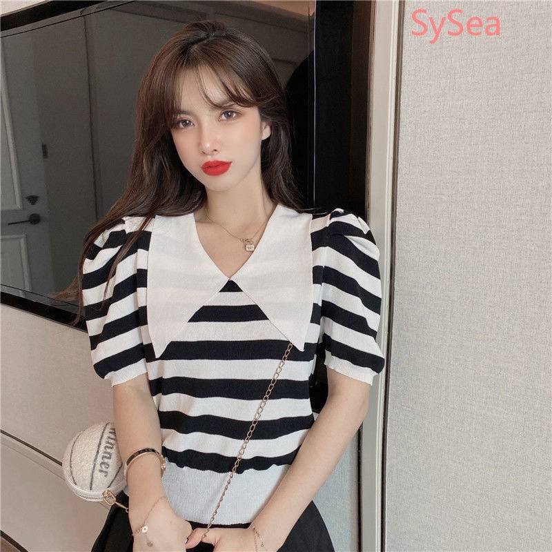 Áo Kiểu Tay Phồng Họa Tiết Kẻ Sọc Phong Cách Retro