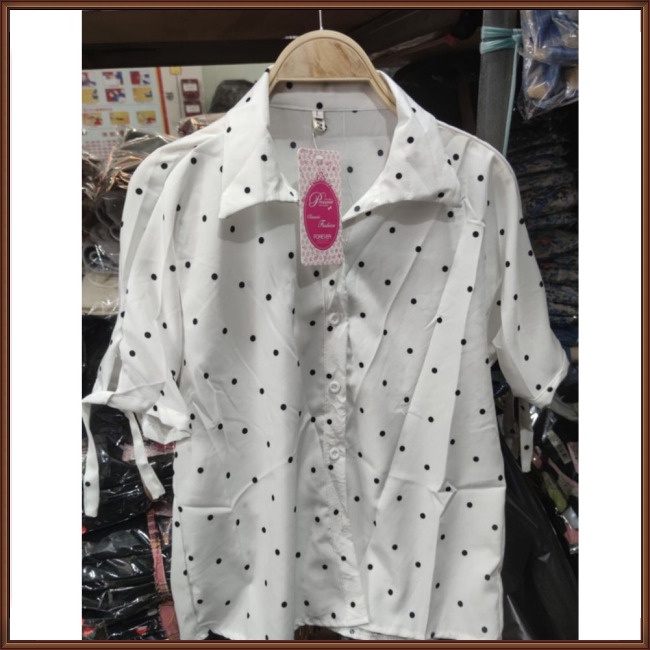 Áo Sơ Mi Cotton Chữ A Tay Lửng Cổ Chữ V Họa Tiết Chấm Bi Thời Trang Xuân Thu Cho Nữ