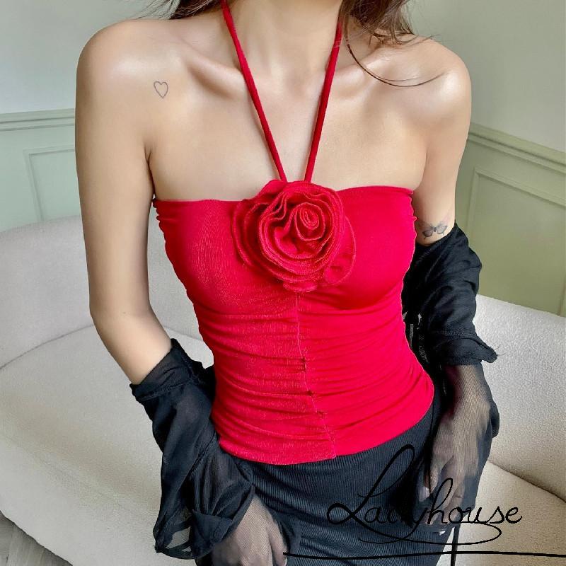 Áo Croptop Hai Dây Mỏng Sát Nách In Họa Tiết Hoa Hồng 3D Thời Trang Cho Nữ