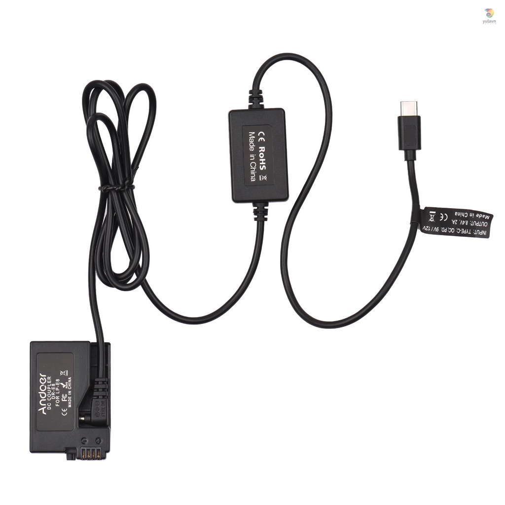 Cáp Chuyển Đổi Pin Andoer PD USB Type-C Sang DR-E8 LP-E8 Thay Thế Cho EOS Rebel T5i T4i T3i T2i Kiss X7 X6 X5 X4 700D 650D 600D 550D