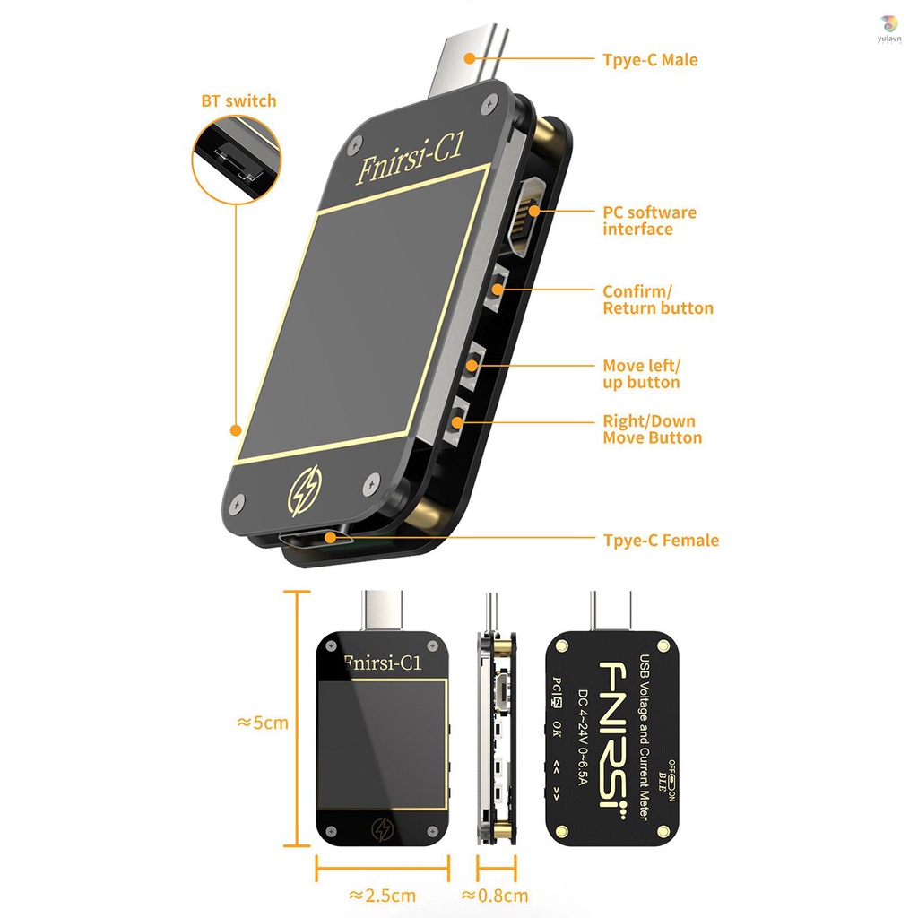 Thiết Bị Kiểm Tra Điện Áp USB Type C Màn Hình TFT Màu Kỹ Thuật Số 1.3 Inch 0-6.5A 4-24V