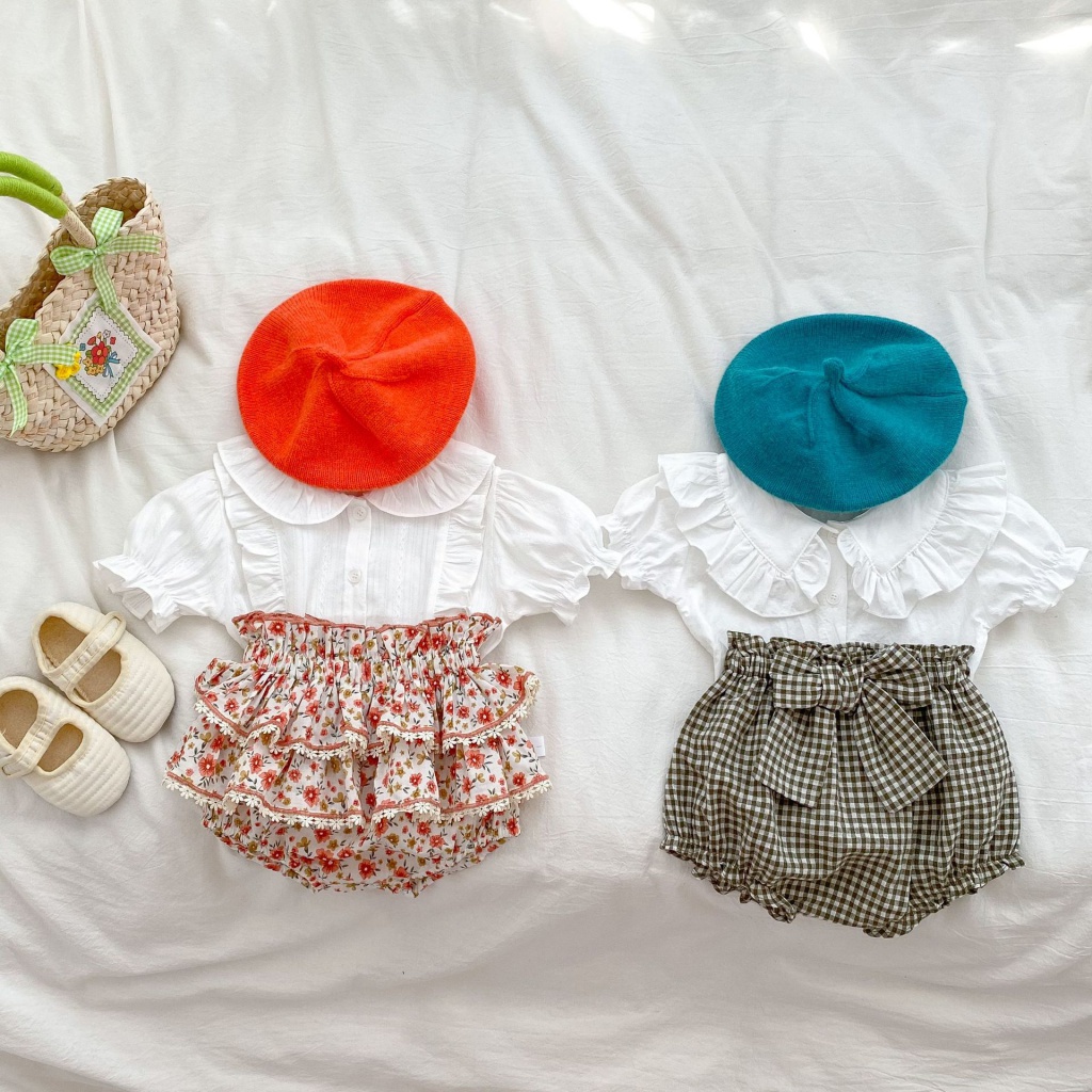Bộ Áo Sơ Mi Tay Ngắn Cổ Bẻ Bằng Vải Cotton + Quần Short Thời Trang Mùa Hè 2023 Q4SB Cho Bé Gái
