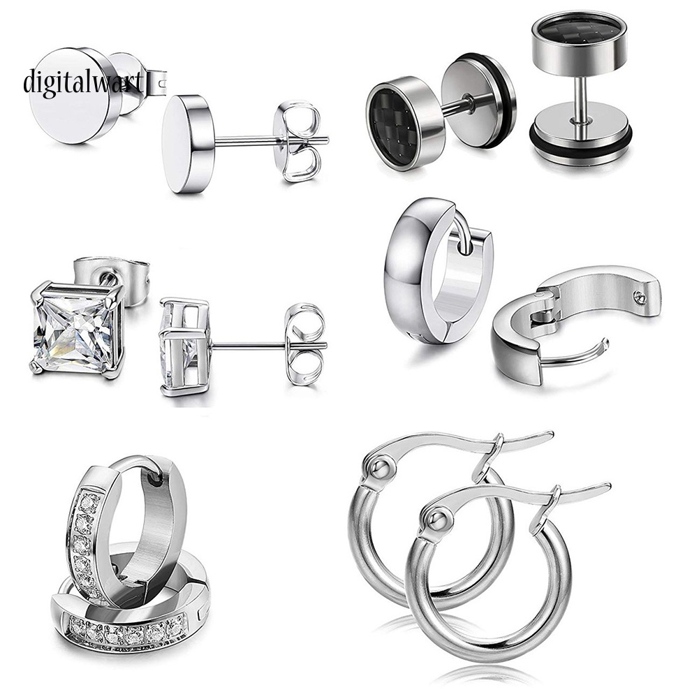 Kỹ Thuật Số| Set 6 Đôi Khuyên Tai Thép Không Gỉ Đính Đá Thời Trang Unisex