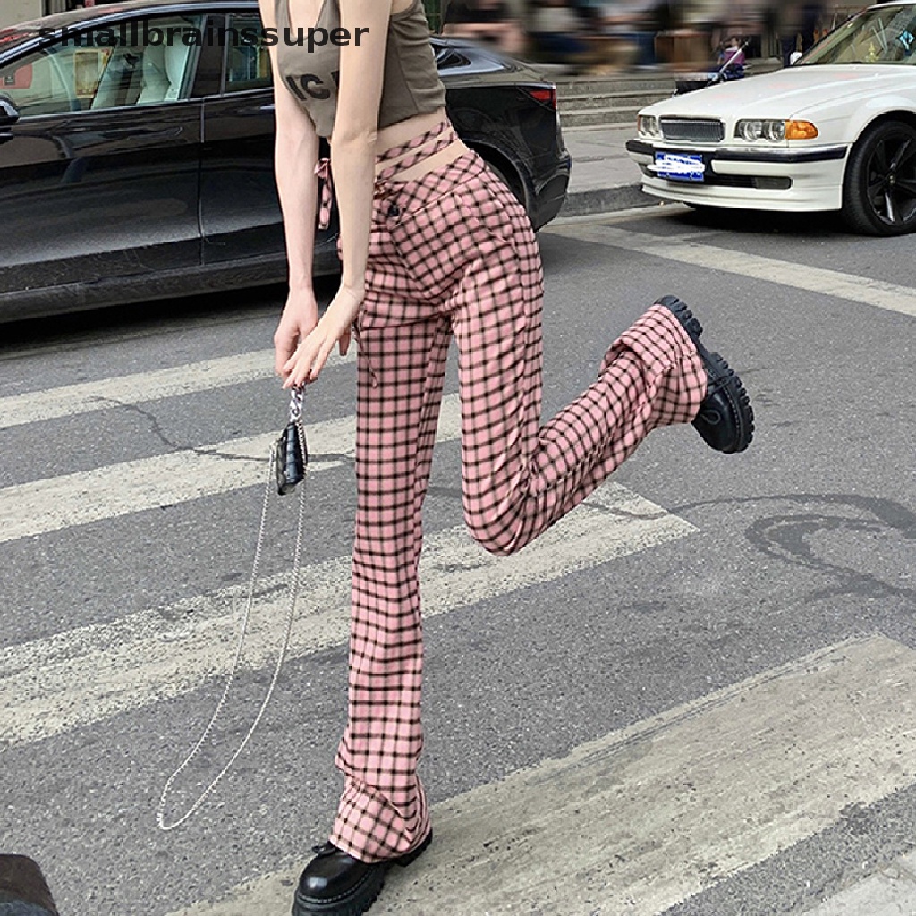 Smallbrainssuper Quần Dài Lưng Cao Họa Tiết Kẻ Sọc Màu Hồng Thời Trang Mùa Hè Cho Nữ SBS