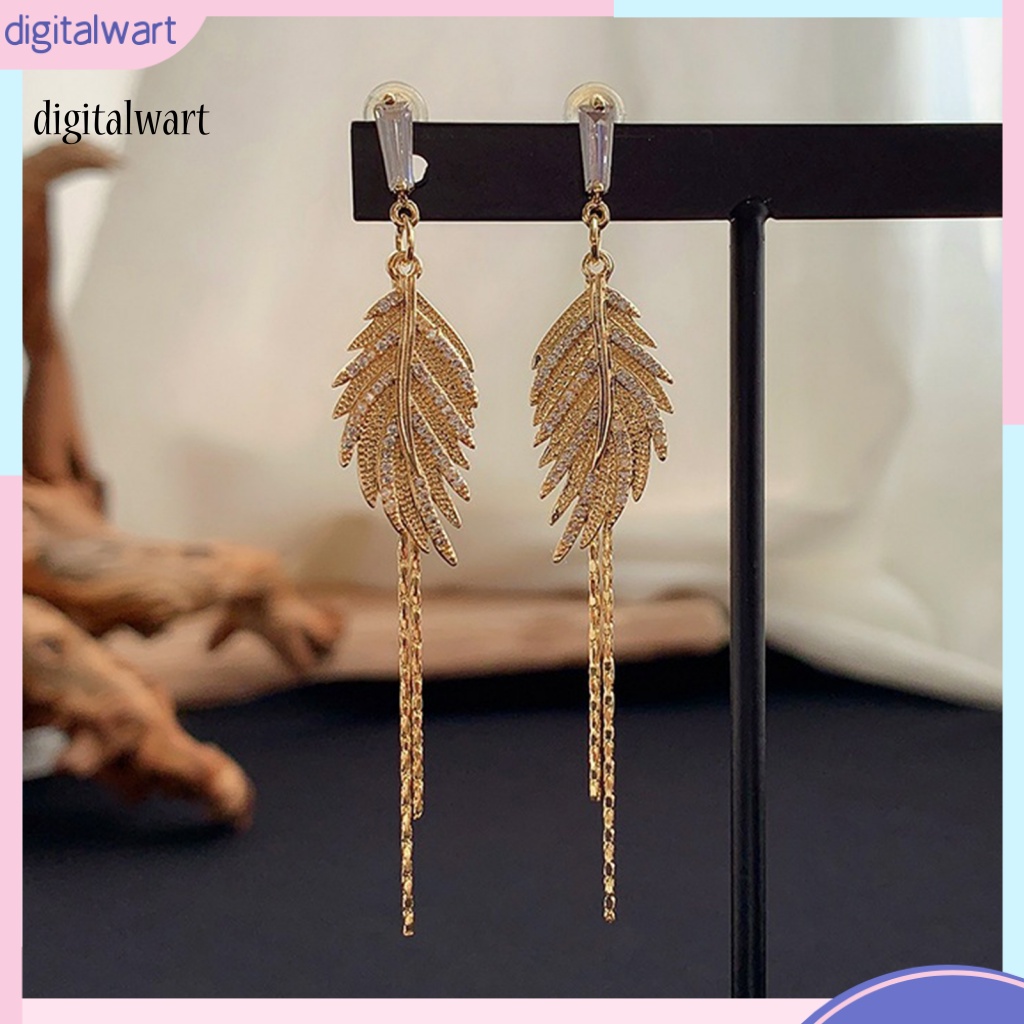 Kỹ Thuật Số| 1 Đôi Bông Tai Dáng Dài Hình Chiếc Lá Đính Đá Sáng Bóng Dành Cho Nữ