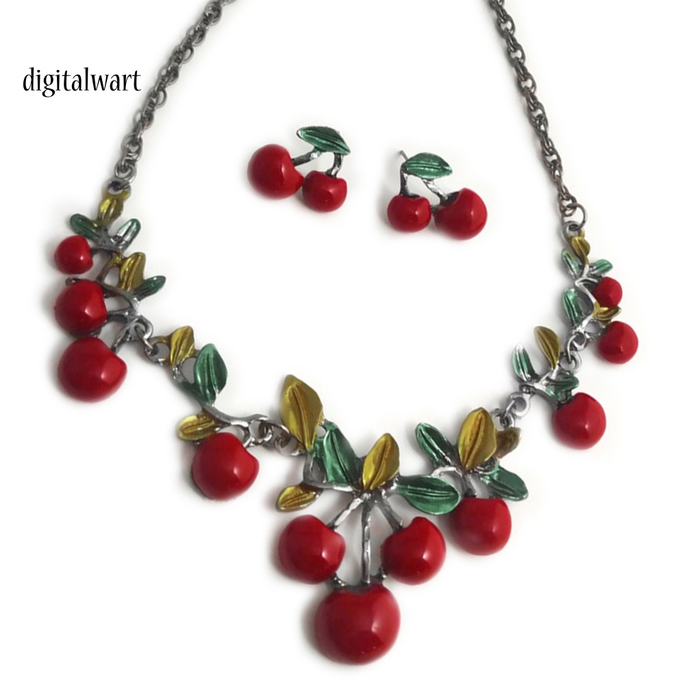 Kỹ Thuật Số| Bộ Vòng cổ + Bông Tai Hình Quả Cherry Đỏ Thời Trang Cho Nữ