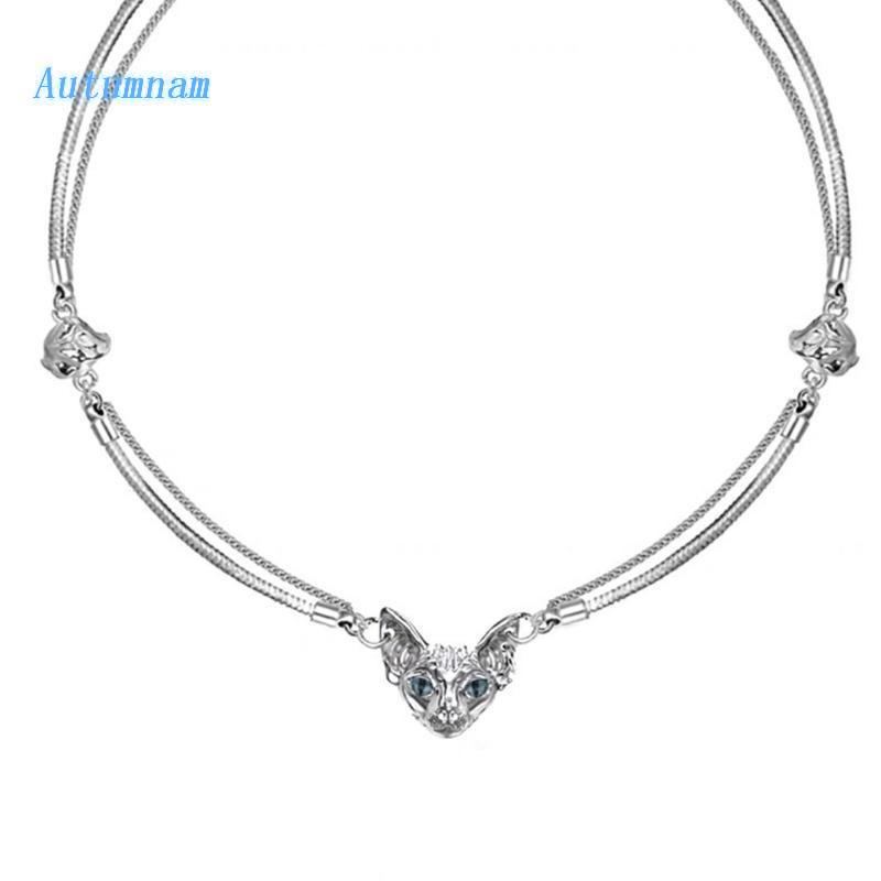 Vòng cổ Hai Lớp Mặt Hình Mèo Đính Pha Lê Phong Cách Hip hop Hàn Quốc