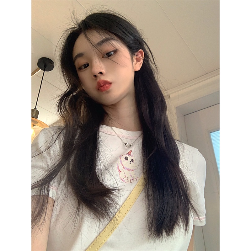 Áo Thun Tay Ngắn Trễ Vai In Họa Tiết Mèo Thời Trang Mùa Hè Xinh Xắn Cho Nữ