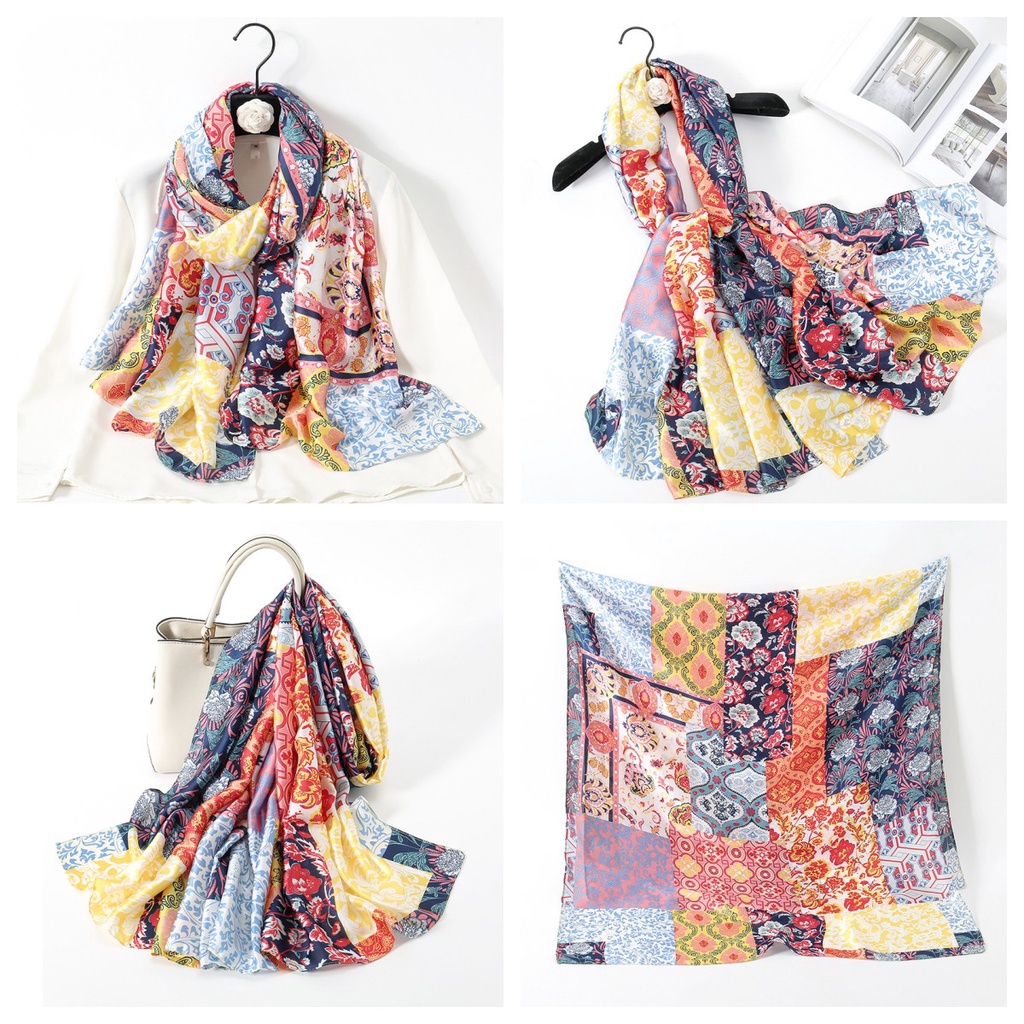 Khăn Choàng Lụa Satin Mỏng Nhẹ Thoáng Khí In Họa Tiết Phong Cách Trung Hoa 180 * 90CM