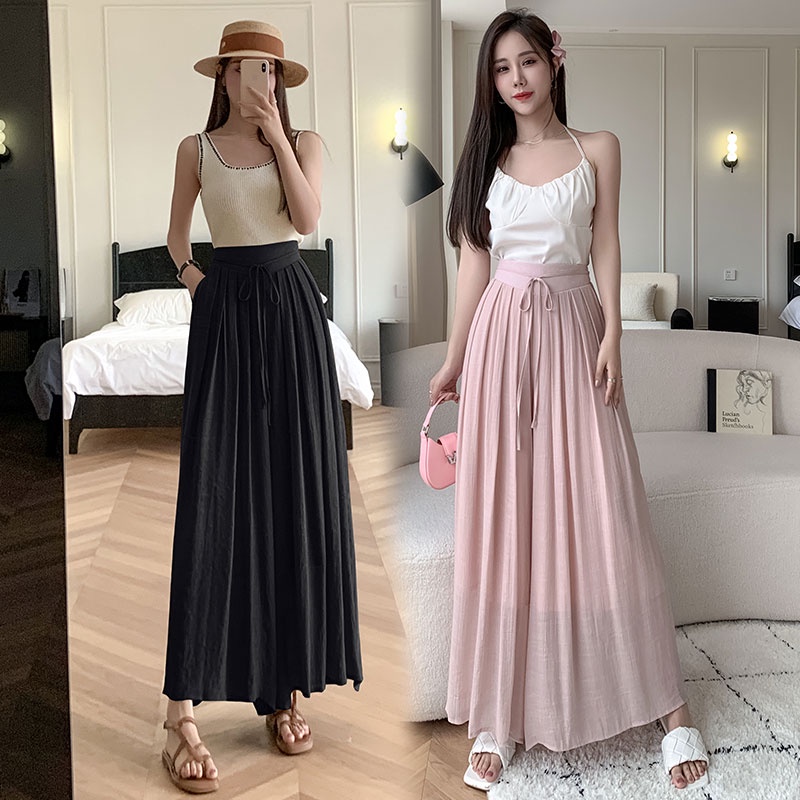 SUXI Quần Dài Ống Rộng Lưng Cao Co Giãn Màu Sắc Đơn Giản Dành Cho Nữ